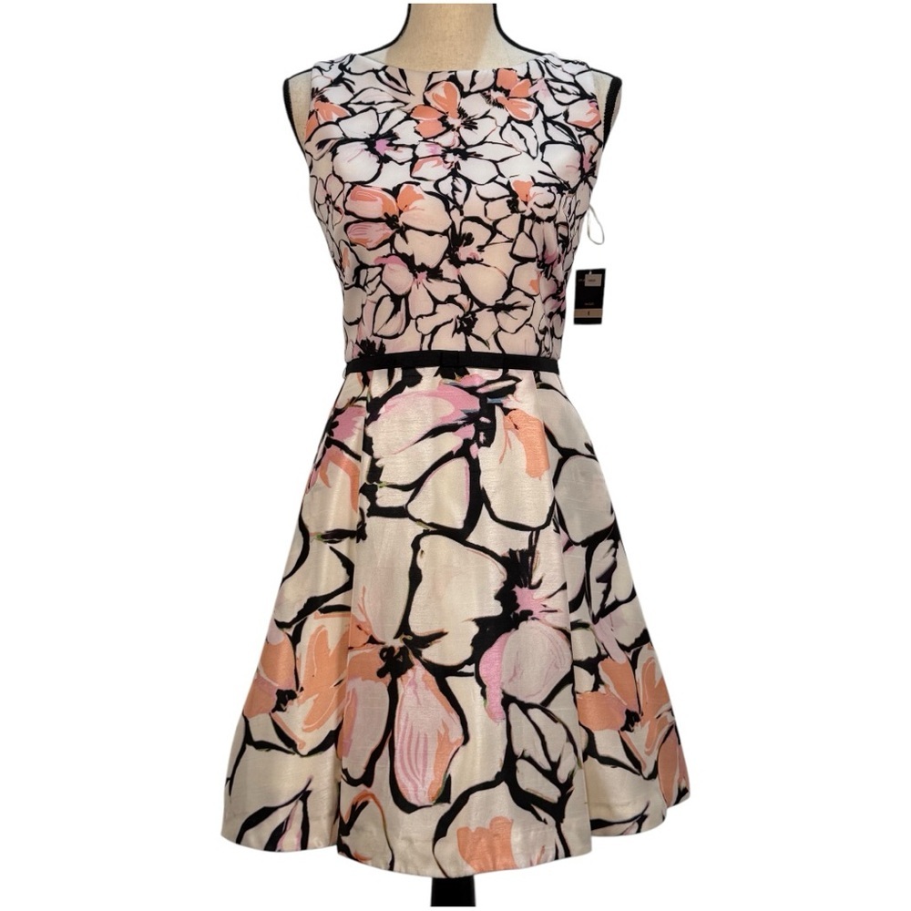 JUST TAYLOR Floral Scuba Sleeveless fit to flare Dress - Pink peach and Black